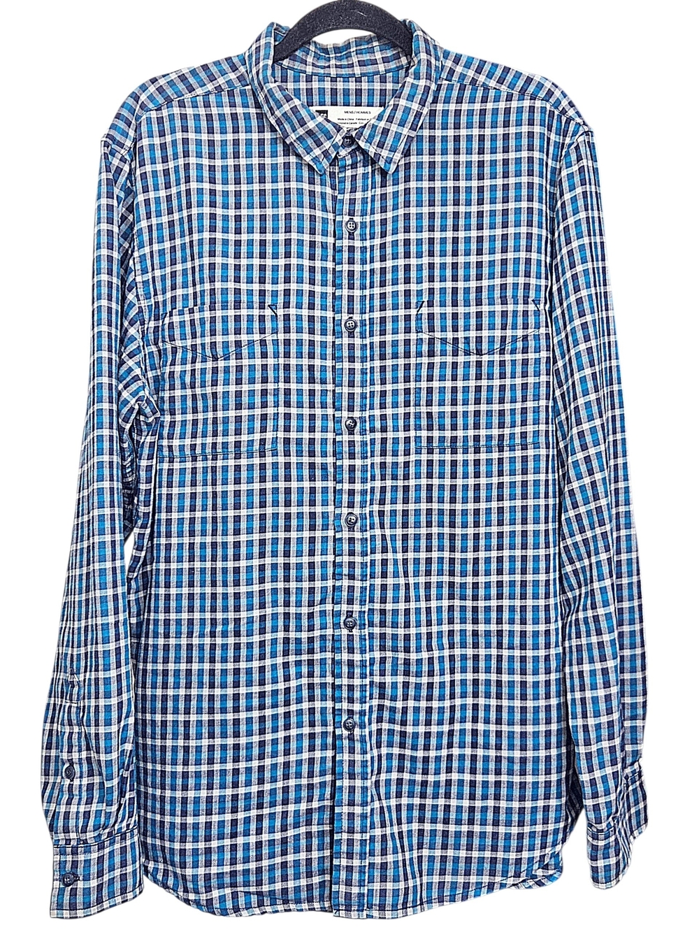 MEC Men's Blue & White Plaid Organic Cotton Button-Down Shirt Outdoors Hiking L